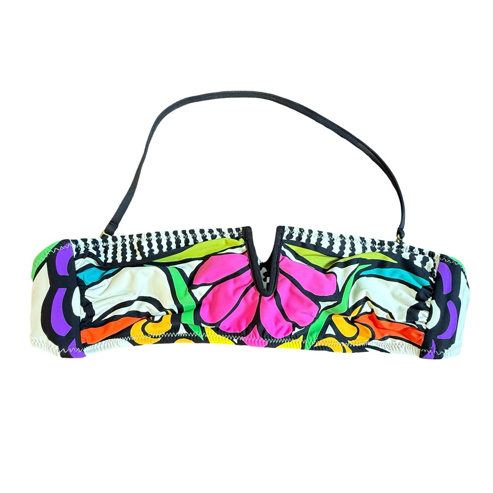 Trina Turk Aquarius Bandeau Bikini Top Size 6 Floral V-Notch Multi-Color TT3CG81